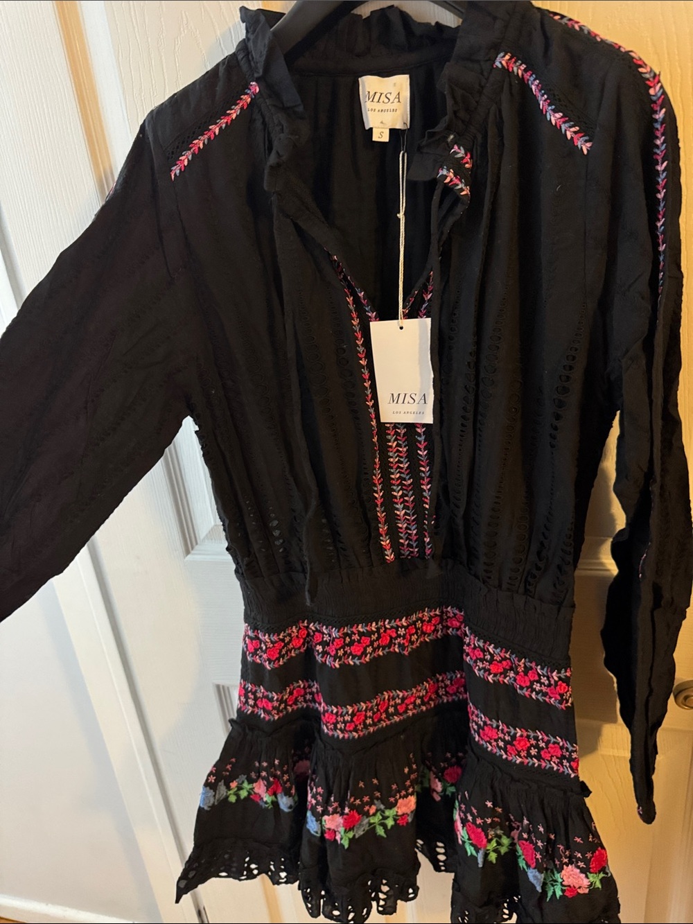 Misa Los Angeles Black Dress with Pink & Purple Embroidery